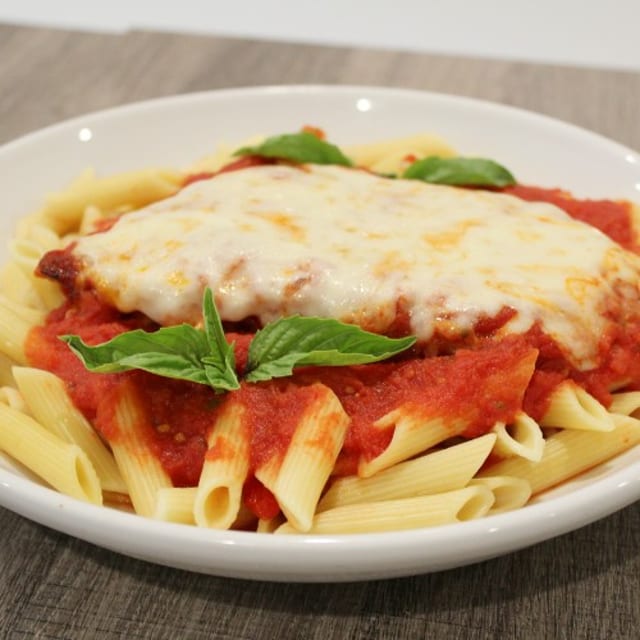 Chicken Parmigiana with Penne.